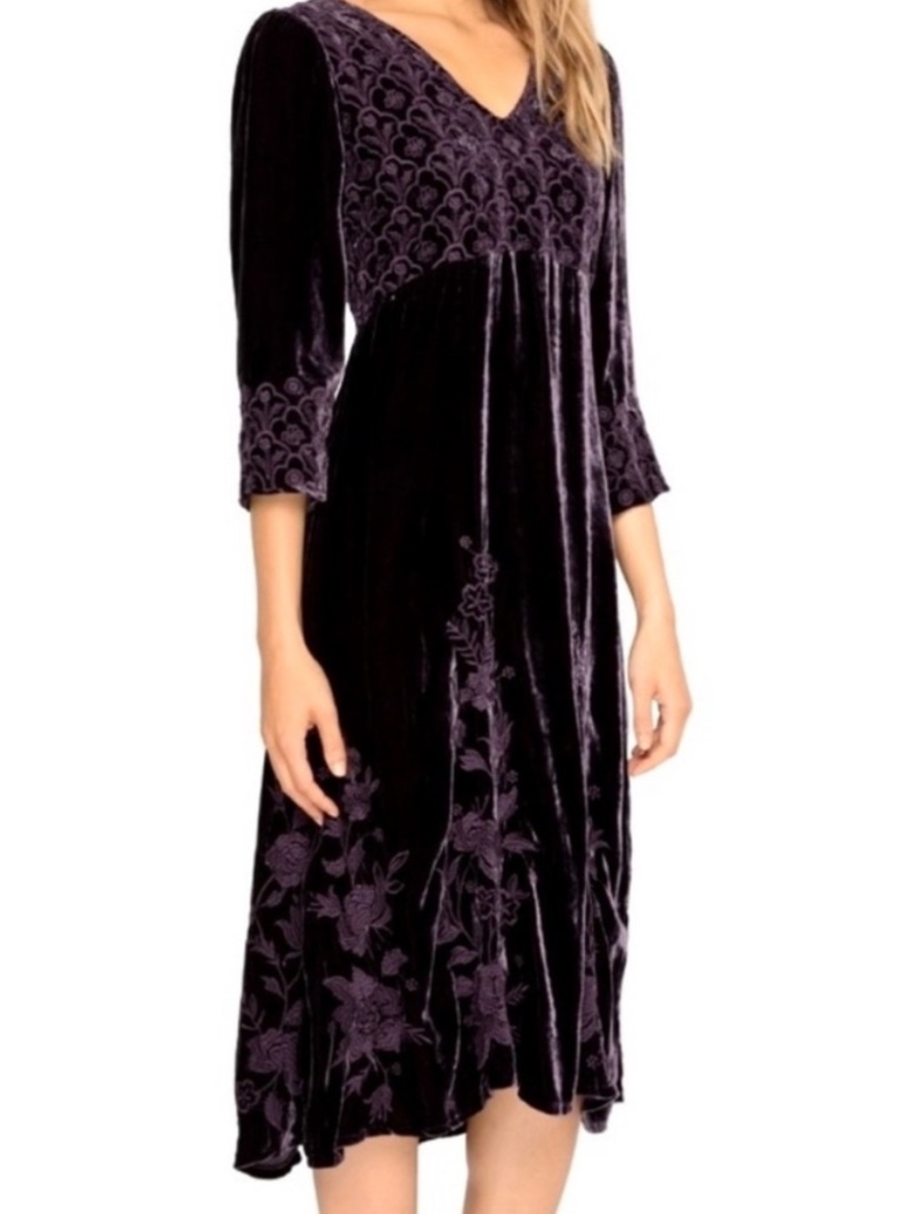 Johnny Was Parina Silk Tonal Embroidered Velvet Midi Dress Deep Purple